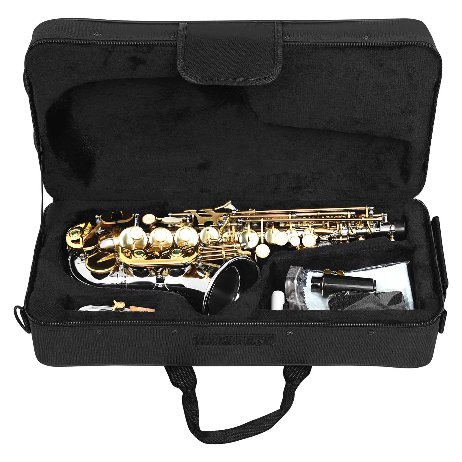 SLADE Soprano Saxophone Bb Curved Nickel-Plated Brass Gold Keys Engraved Bell Complete Set with Case for Beginner Musicians
