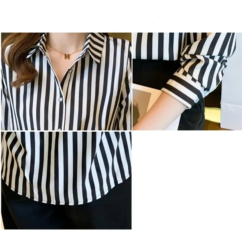 Fashion Women\'s Shirt 2023 Black and White Striped Tops for Women Versatile Polo Neck Clothing Long Sleeve Woman Basic Shirts OL