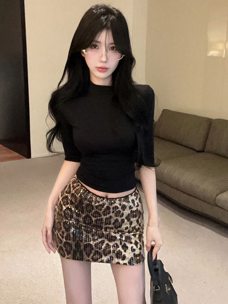 Slim Fit High Collar T-Shirt And Short Skirt Set Leopard Print Sequin Slimming mid Sleeve Top Women's Fashion Casual Outfit