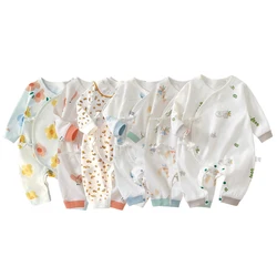 Long Sleeve First Birthday Newborn Baby Clothes Rompers 0-6M Cartoon Printed Infant Slanted Front Lace-up Jumpsuit