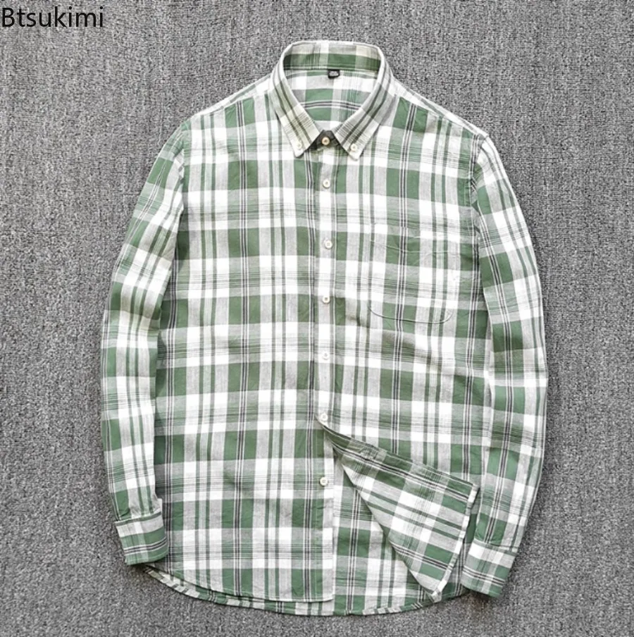 High-Quality Cotton Linen Men's Long Sleeved Shirt Comfort Breathable Classic Plaid Regular Fit Casual Business Social Shirts