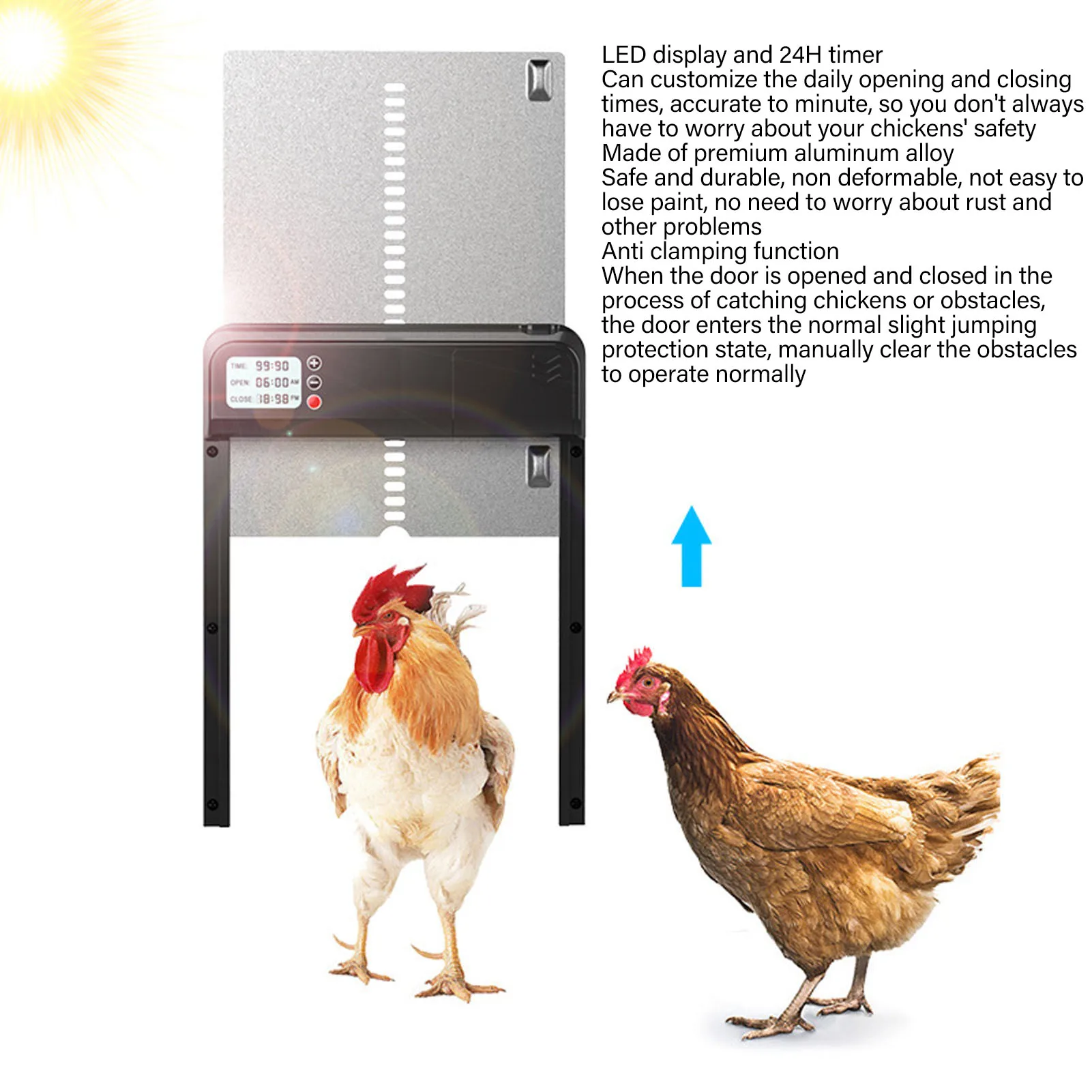 

Automatic Chicken Coop Door with Timer IP45 Waterproof LED Display Battery Powered Auto Chicken Door Opener for Farm