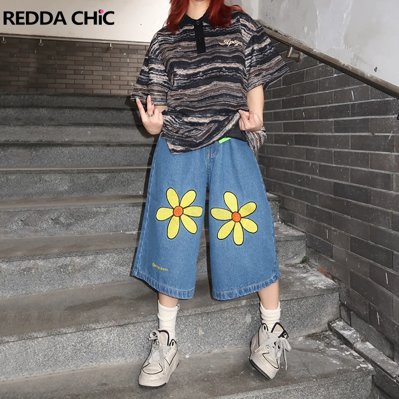 

ReddaChic Retro Blue Daisy Print Denim Shorts Women Flower Aesthetic Casual Wide Pants Skater Baggy Jeans Jorts Summer Clothes