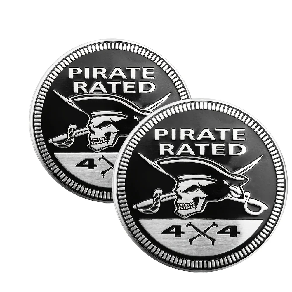 Pirate Badge Car Emblem, 4x4 Metal Auto Badge Sticker Round Decal, Exterior Emblem Compatible with Jeep Wrangler Truck SUV RV