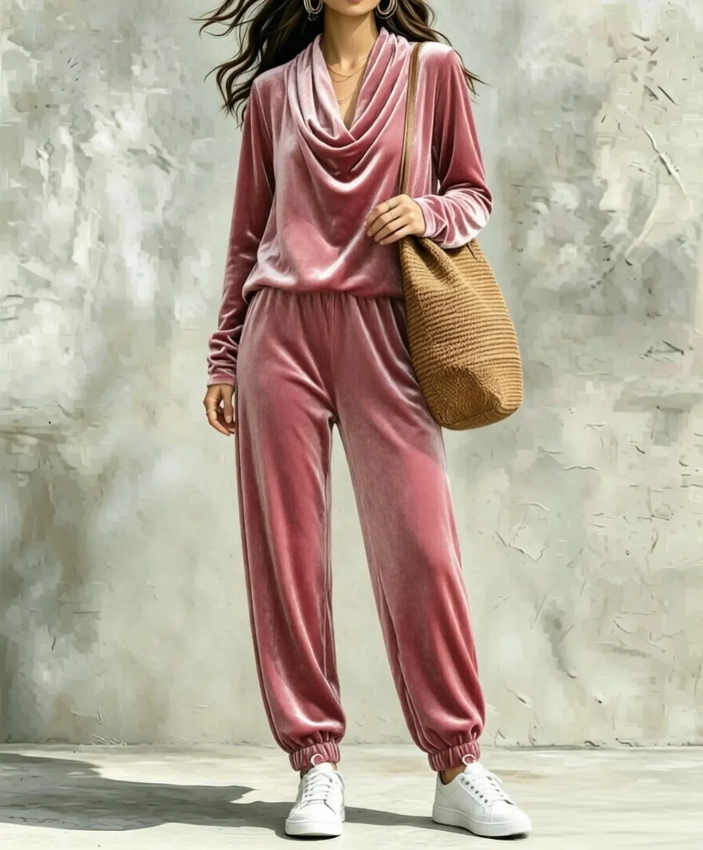Women Elegant Velvet Two Piece Suit Draped Cowl Neck Blouse High Waist Jogger Trousers