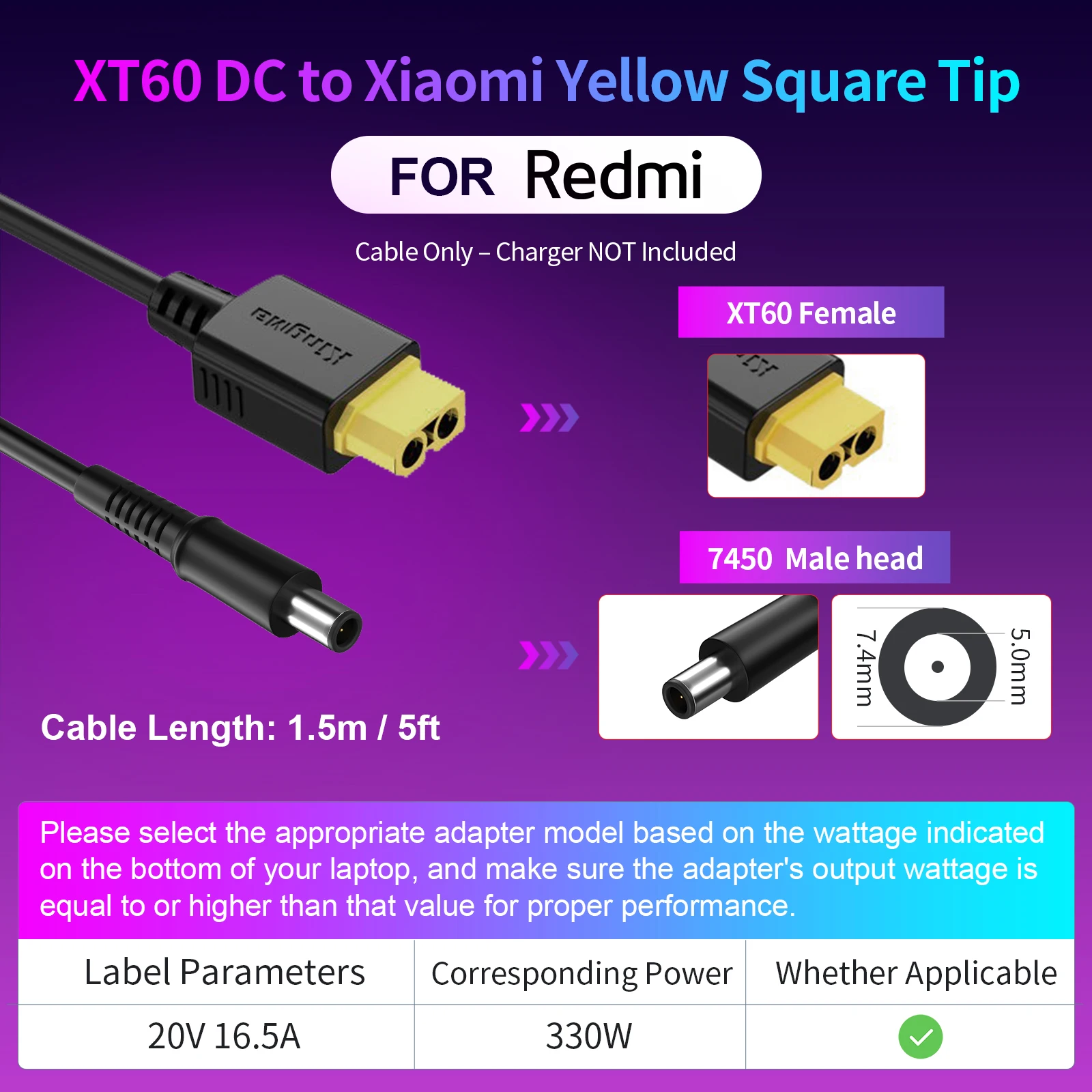 330W GaN-oplader, XT60 naar DC-kabeladapter, vervanging voor Lenovo, ASUS, Dell, Alienware, HP, Acer, MSI, Razer, Xiaomi laptops