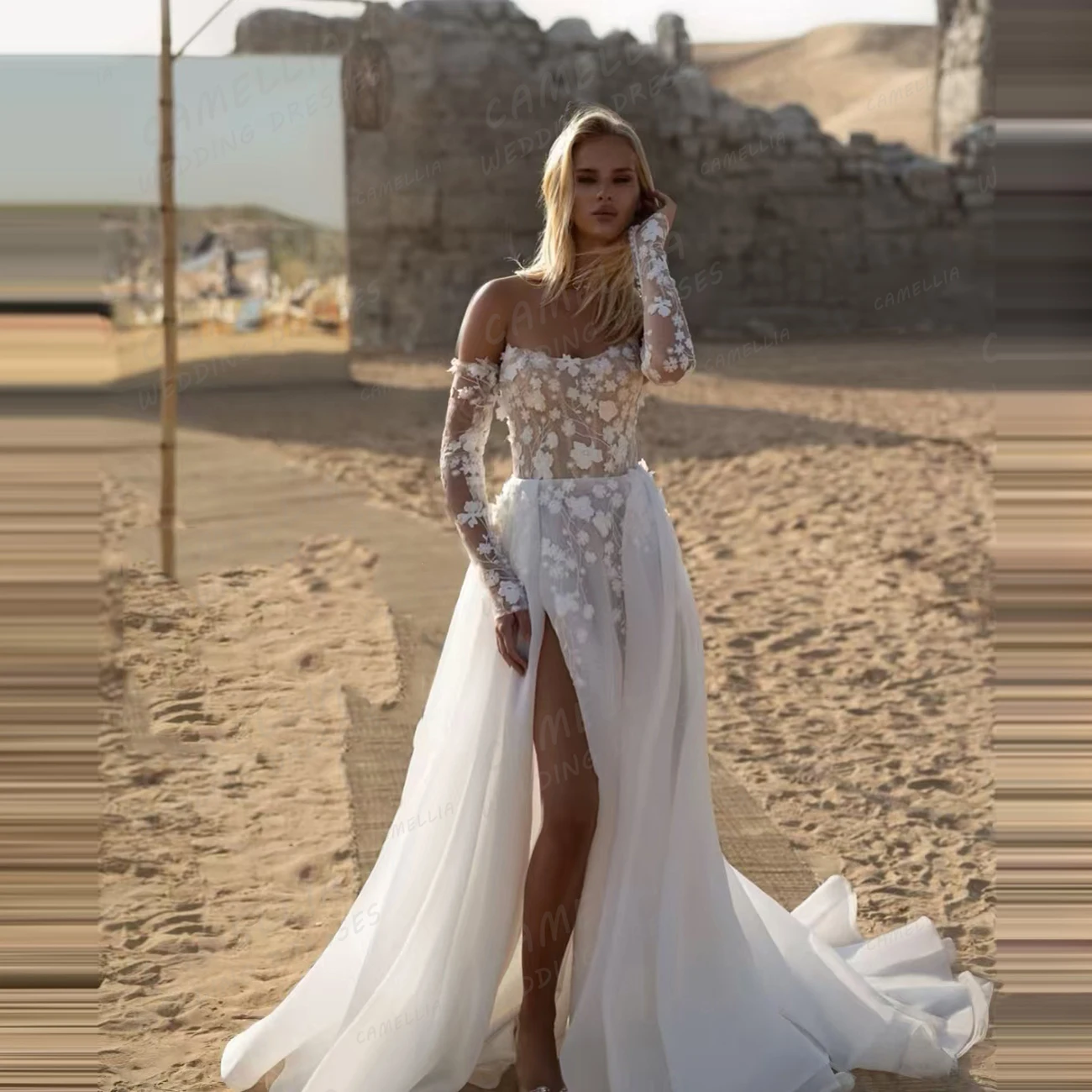 

Luxury Lace Wedding Dresses Women's A Line Flowers Bridal Gowns Boat Neck Long Sleeve High Split Vestidos De Novia Customized
