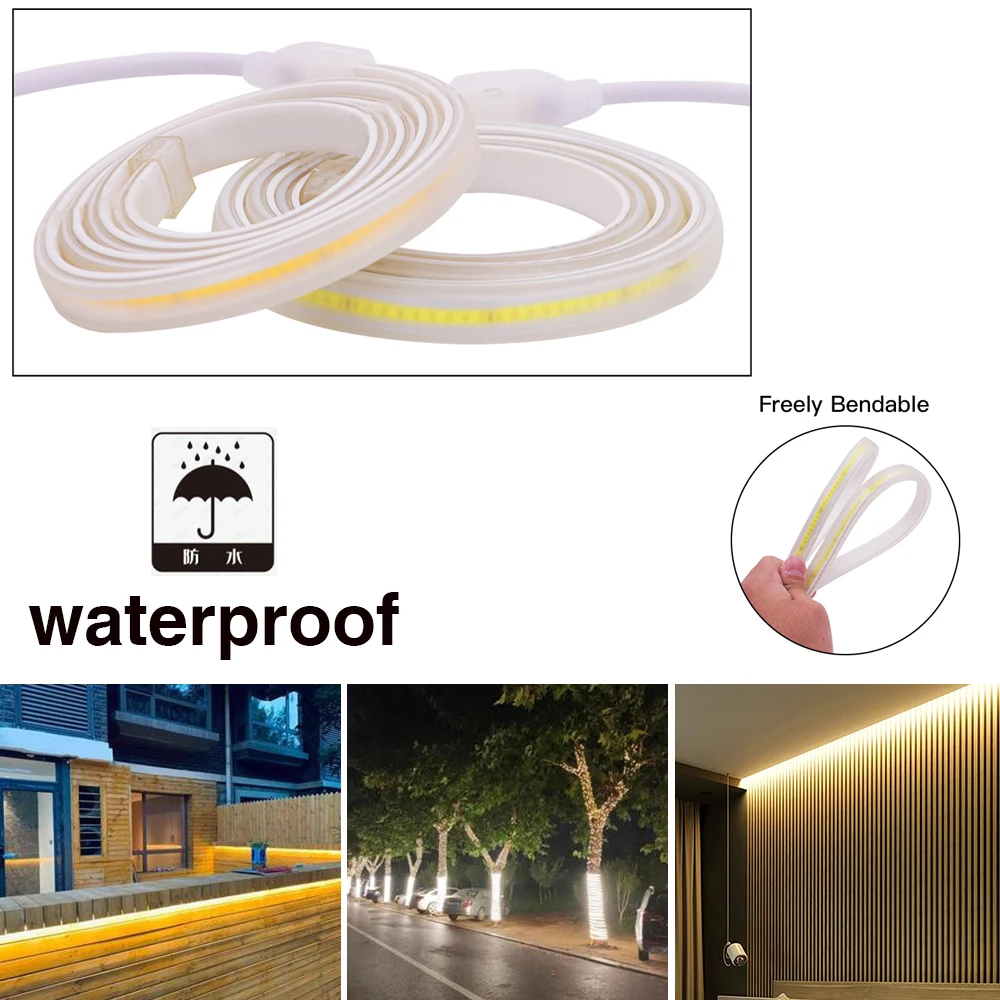 220V 110V COB LED Strip Light Waterproof Outdoor LED Lights Flexible COB LED Tape With EU US Power Plug Dimmable Linear Lighting