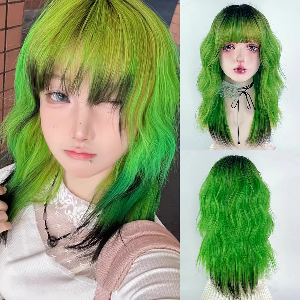 

Synthetic Long Wavy Women Ombre Black Green Y2K Wig Lolita Cosplay Fluffy Heat Resistant Wig with Bangs for Daily Party