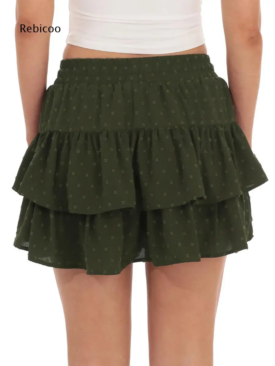 Swiss Dot Multi Layer Ruffle Mini Skirt With Drawstring Elastic Waist For Women Suitable For Dating Plans And Street Style Looks