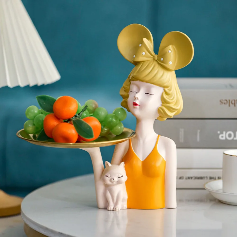 Home Accessories Cartoon Girl Statue Key Organizer with Tray Living Room Decorations Resin Sculpture Craft Gifts Home Decor