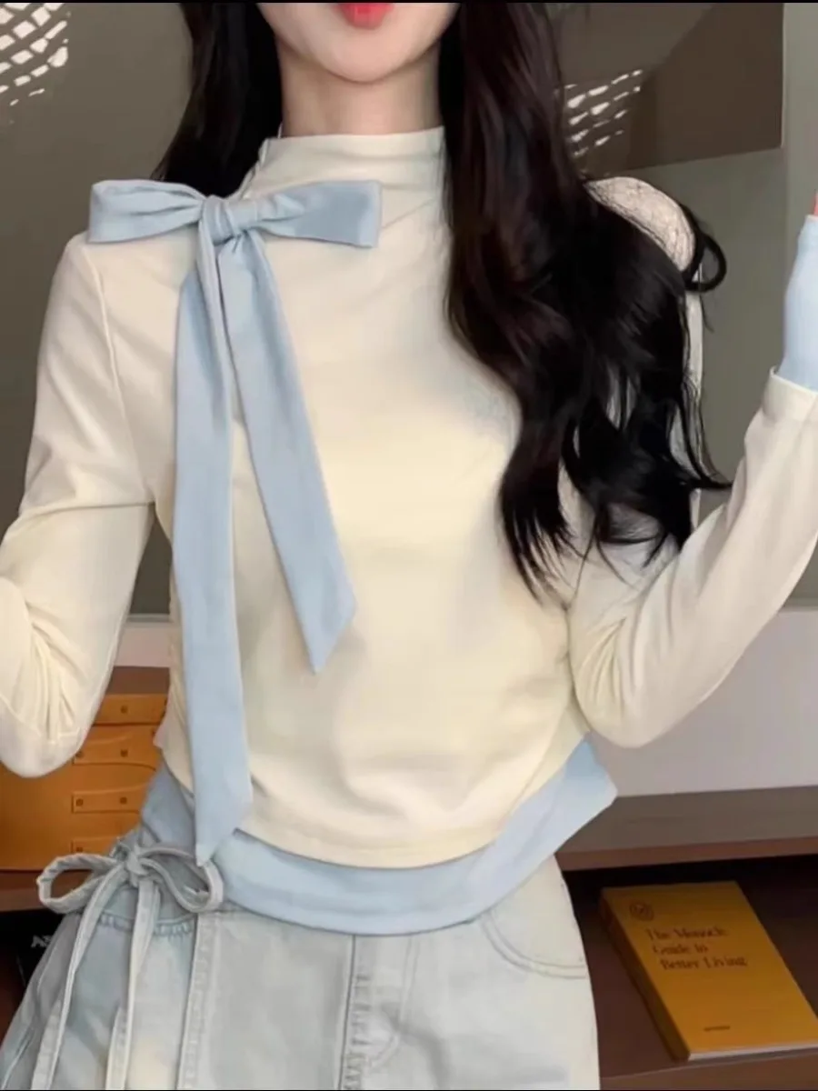 

Korobov Autumn Korean Turtleneck Fake Two Piece Bow Long Sleeve Women's T-shirts