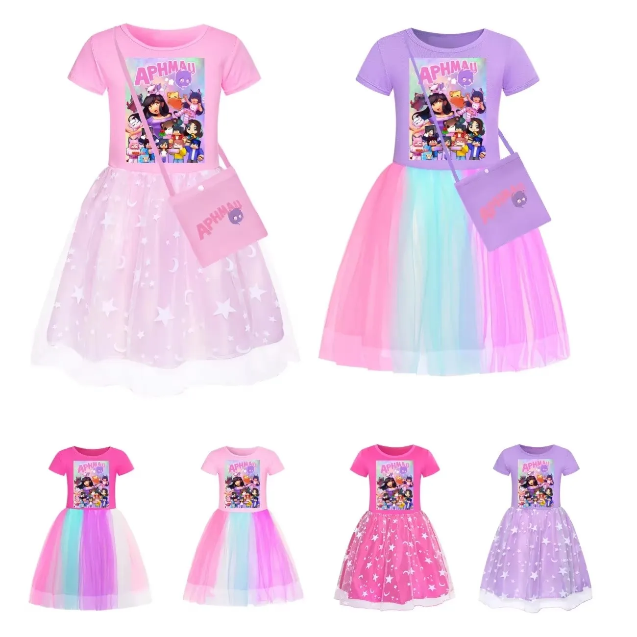 Cute APHMAU Cat Clothes Baby Girls Short Sleeve Casual Dresses with Small Bag Kids 2024 Summer Wedding Party Lace Princess Dress