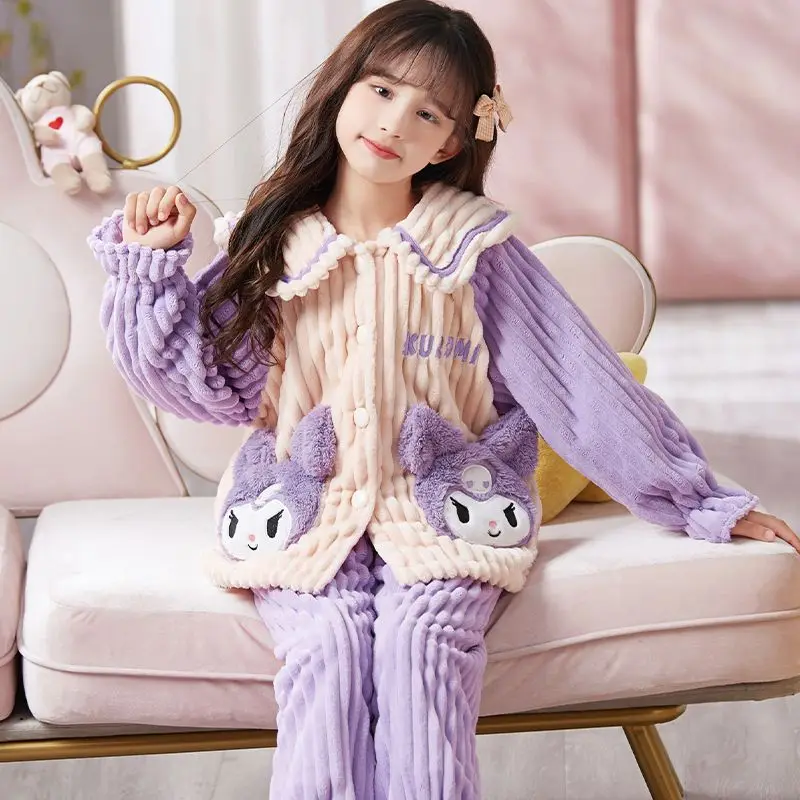 Sanrio My melody Cinnamoroll Hello Kitty Kuromi милый креативный мультяшный узор мягкая фланелевая утолщенная теплая пижама комплект домашней одежды