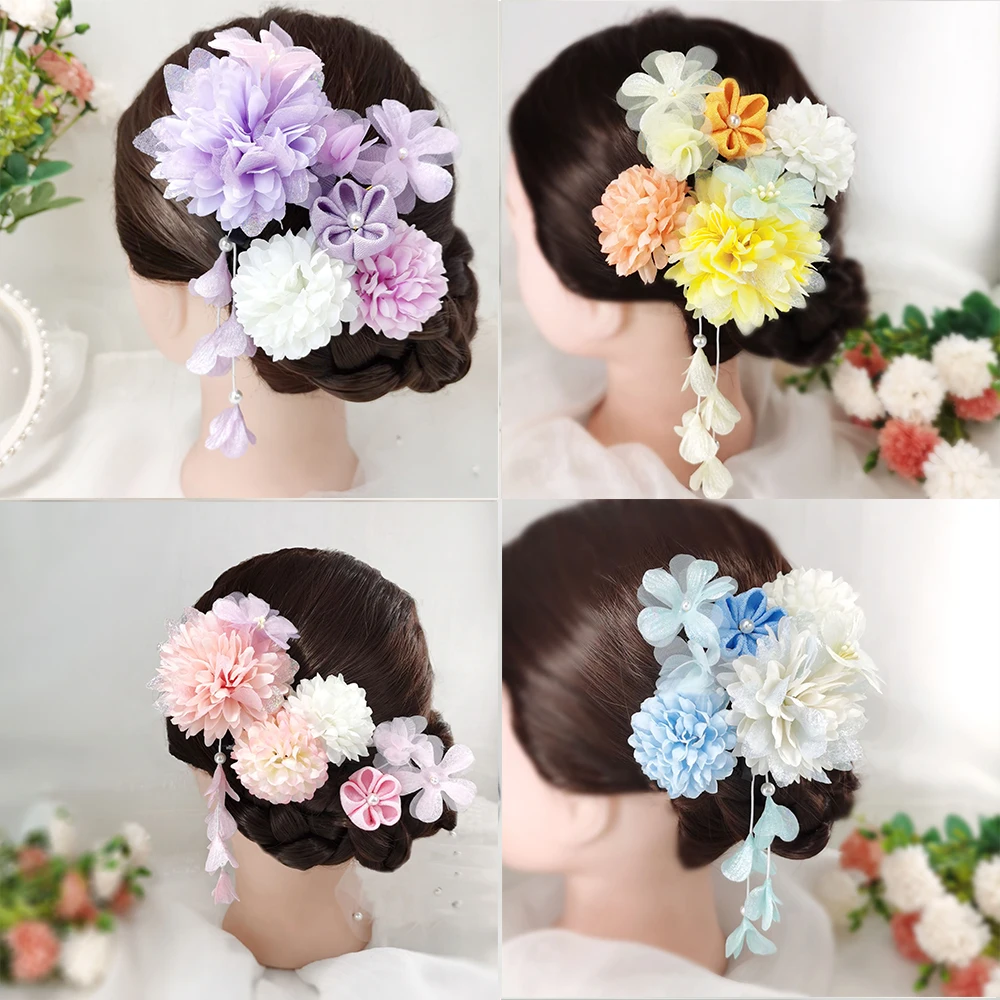 Japanese Handmade Fabric Flower Hair Accessories Clip Tassel Kimono Hairpin Headdress Geisha Barrette Wedding Festvial Hairpins