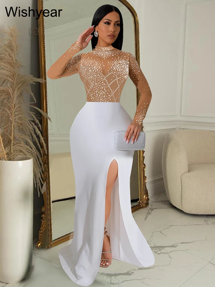 

Wishyear Mermaid Evening Luxury Dress Woman Elegant Wedding Party Mesh Patchwork See Through Long Sleeve High Split Prom Formal