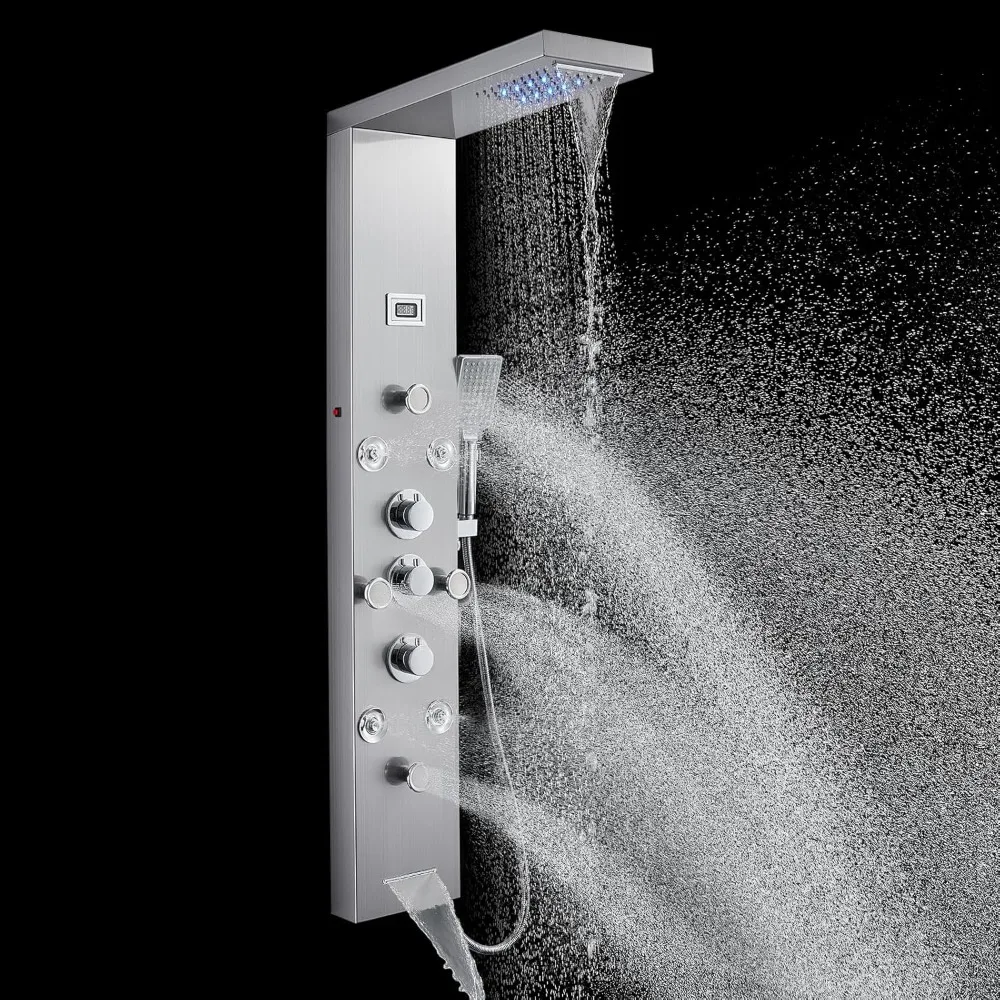 POPFLY LED Rainfall Waterfall Shower Panel Tower System, 4 Body Jets and 4 Mist Spray, 3-Function Handheld Shower