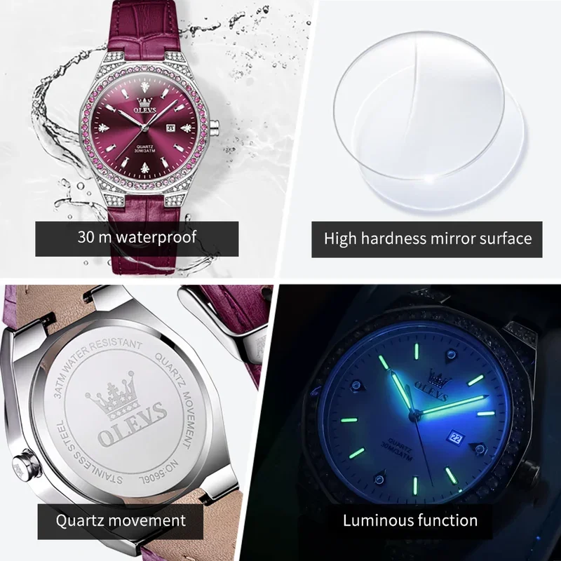 Olevs 5606 elegant quartz wrist watch women breathable leather strap luminous hands colorful waterproof ladies watch