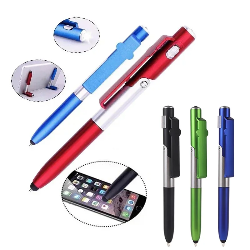 

4 In 1 Multi-Function Touch Pen Ballpoint Pens With LED Light Folding Cell Phone Stand For Mobile Phone Holder Night Reading Pen