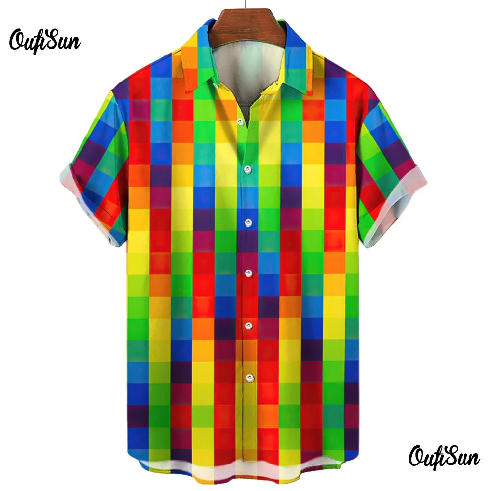 Camisa xadrez de manga curta Vintage masculina, blusa de casal, camisa estampada colorida, roupas casuais masculinas, streetwear extragrande