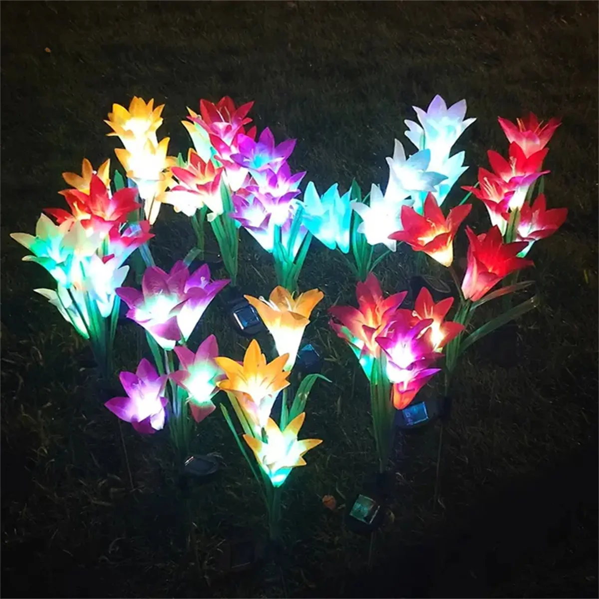 

Solar powered LED simulation lily flower 4-head colorful outdoor camping courtyard park atmosphere decoration light
