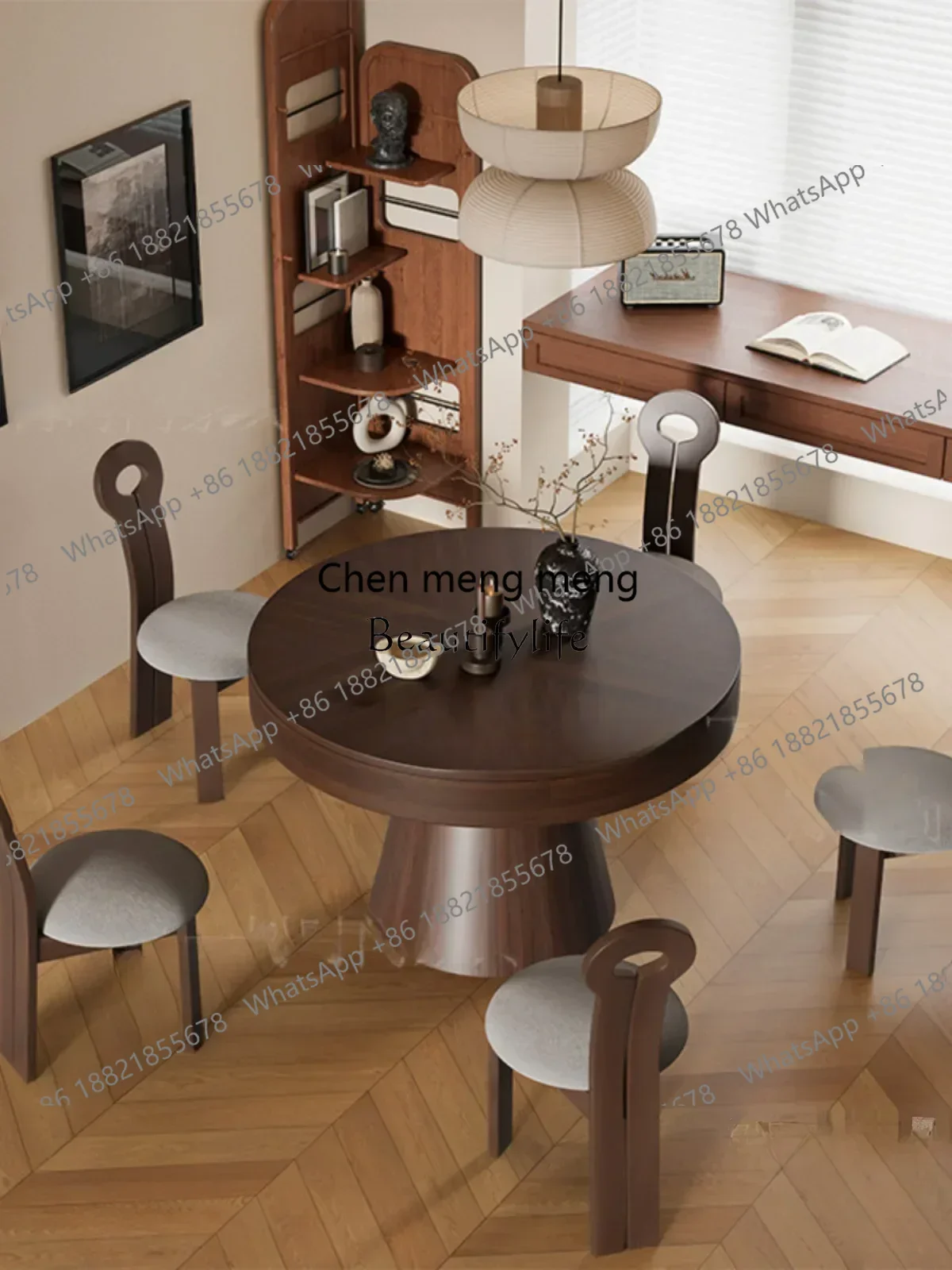 

Deformation round Table Antique Style Solid Wood Rotating Retractable Dining Table French Retro Folding