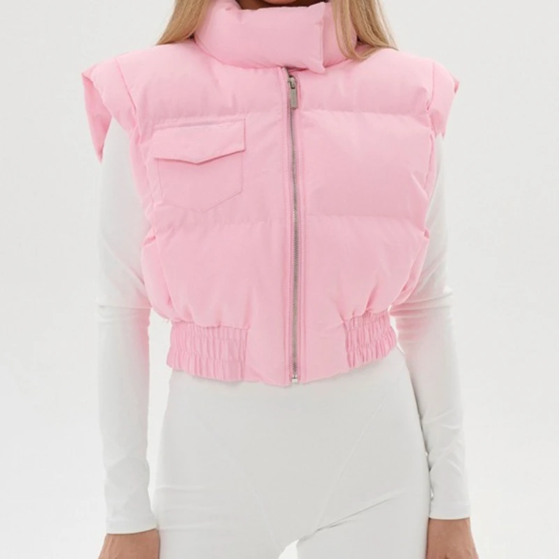 

Новое модное пальто ярких цветов для женщин, куртка без рукавов на молнии с высоким воротом, укороченная женская уличная одежда, осенняя верхняя одежда 2023 г.