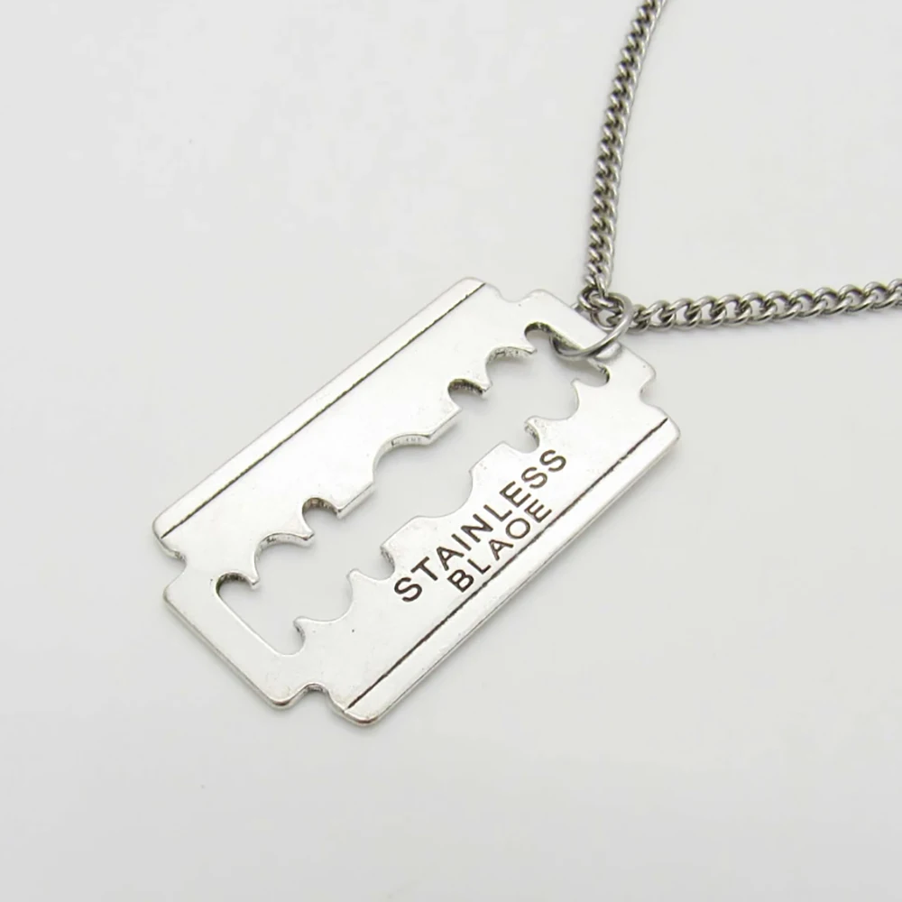 Razor Blade Pendant Necklace, Engraved Razor Blade Pendant, Thick Chain Necklace, Gothic Jewelry, Punk Jewelry