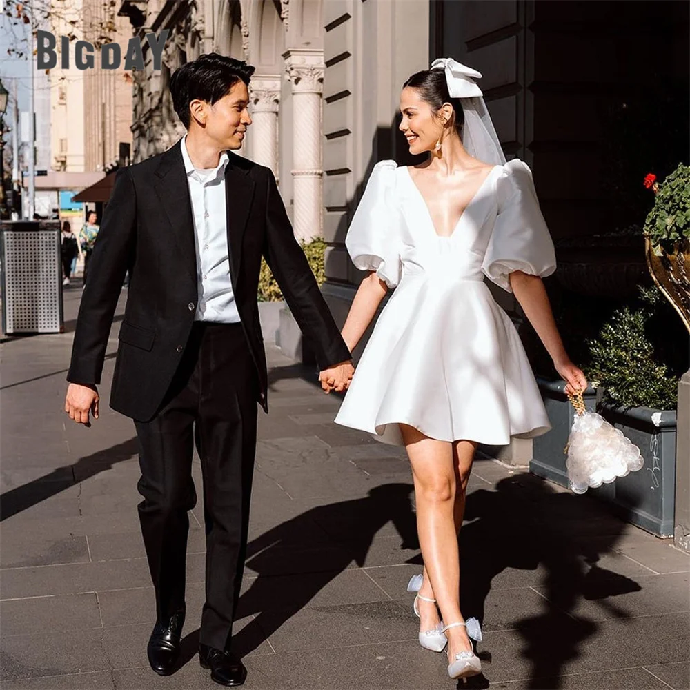 Elegant Short Wedding Dress 2024 V-Neck Half Puff Sleeve Open Back Satin A-Line Pleat Bridal Gown Vestidos De Noiva Customized
