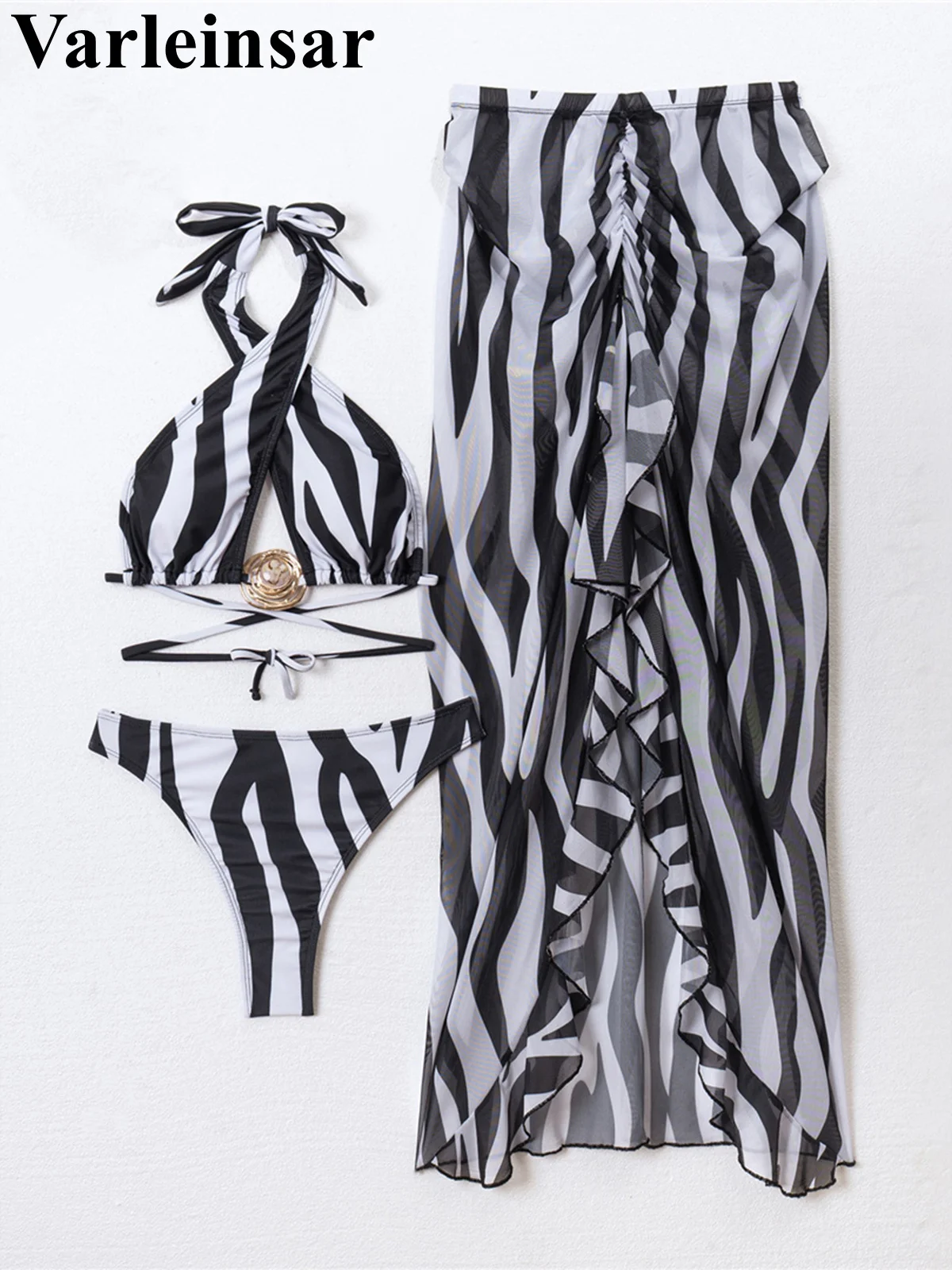 Zebra Printed Striped With Skirt Bikini Women Swimwear Female Swimsuit Three-Pieces Bikini Set Bather Bathing Suit Swim V8088