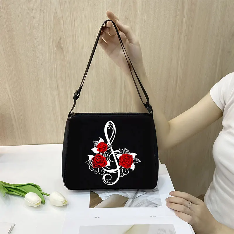 Music Note Rose Print Shoulder Bag for Travel Women Handbag Phone Purse Holder Girls Crossbody Bag Ladies Leisure Tote Bags