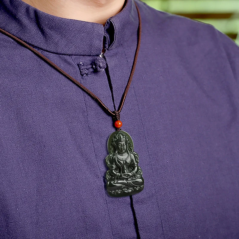 Mai Chuang/ Hand Carved/Natural Ink Jade Tara Guanyin Necklace Pendant Fashion Elegant Personality Jewelry Men Women Couple Gift