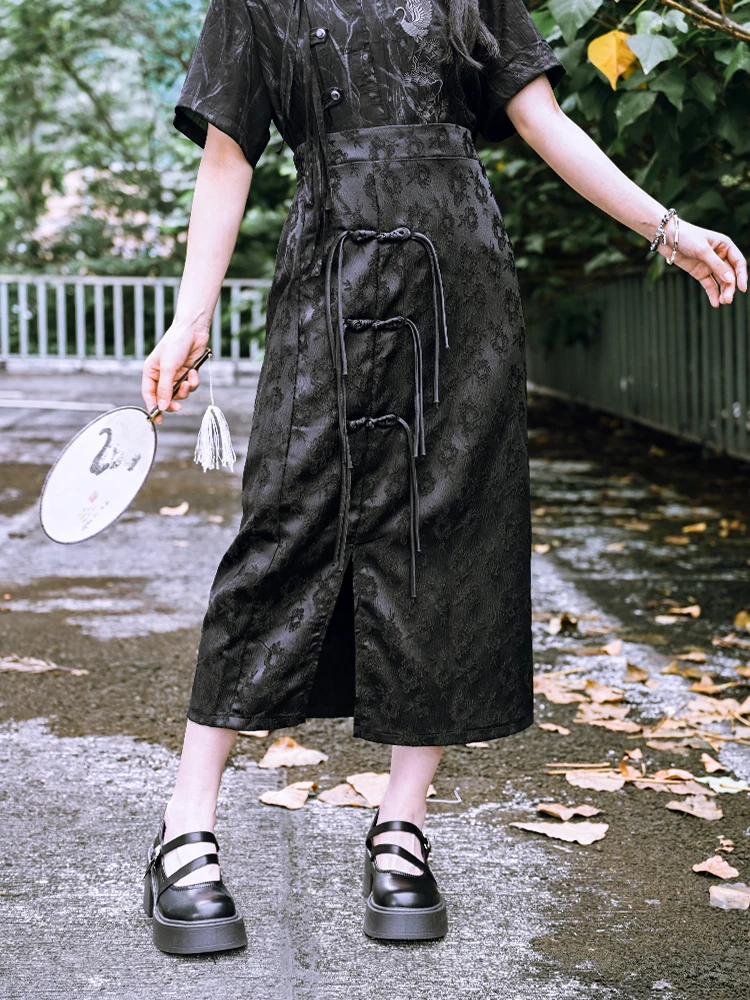 

New Chinese Style Black Jacquard Skirt Women's Design Sense National Split Tassel Stretchy Dress