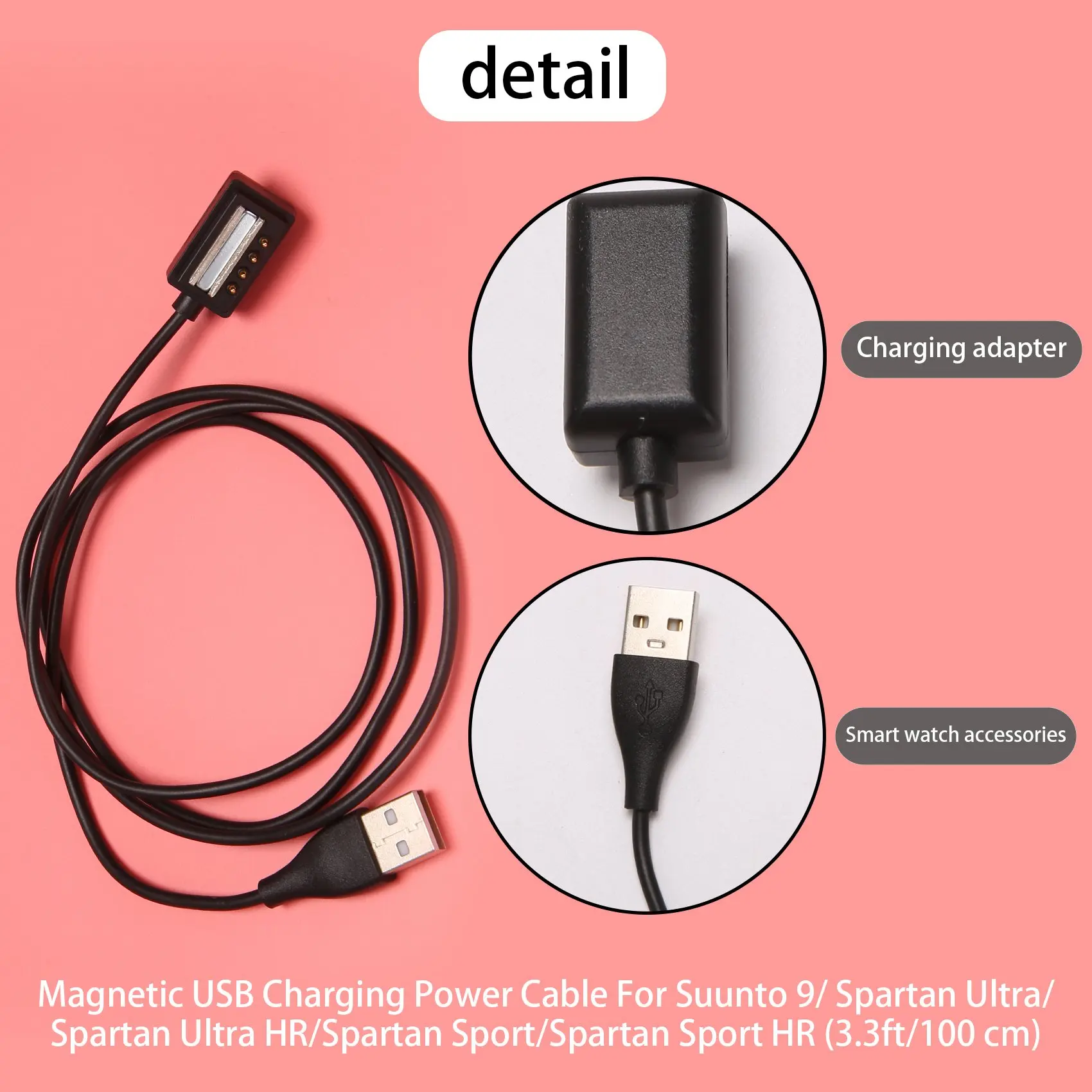 마그네틱 USB 충전 전원 케이블, Suunto 9, 스파르탄 울트라, 스파르탄 울트라 HR, 스파르탄 스포츠, 스파르탄 스포츠 HR용, 3.3 피트, 100 cm