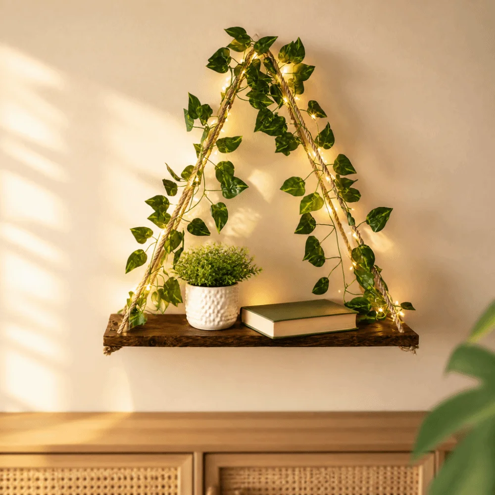 Decor Artificial Ivy Floating Wall Shelf Wooden LED Light Wall Hanging Shelf Hanging Floating Plant Pot Tray Bathroom