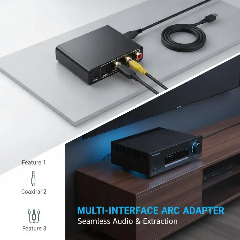 Extracteur audio ARC haute résolution 192 kHz, convertisseur RCA vers prise jack 3,5 mm, adaptateur sans latence pour HDTV, haut-parleur, barre de son et configuration de jeu.