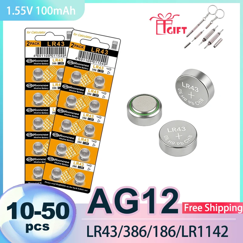 

AG12 LR43 SR43 386 1.55V 100mAh Coin Cell Battery 10-50PCS LR1142 V12GA SR43W SR1142 Button Battery