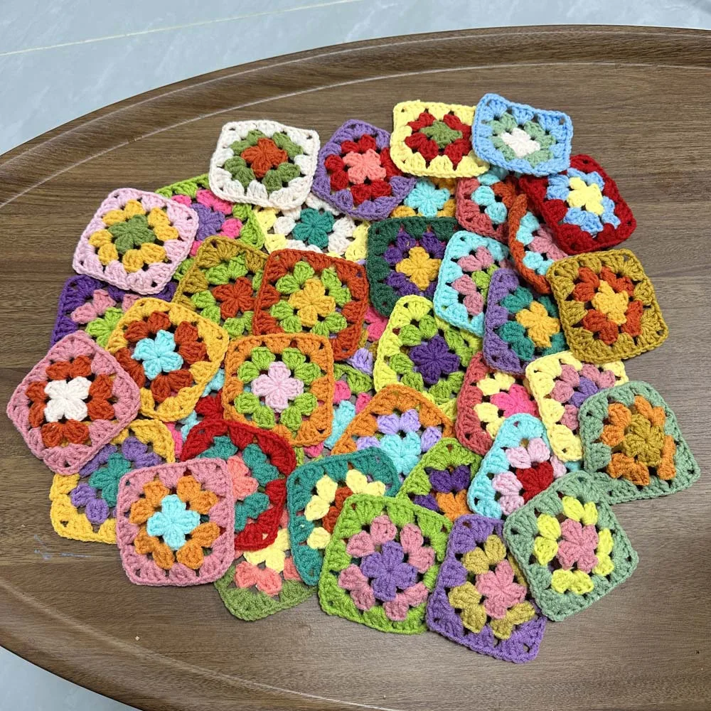 DIY Crochet Doilies Multicolor Coasters Square Table Mats Decoration Handmade Crochet Cup Pad 9cm Wool Clothes Patch 50pcs/lot