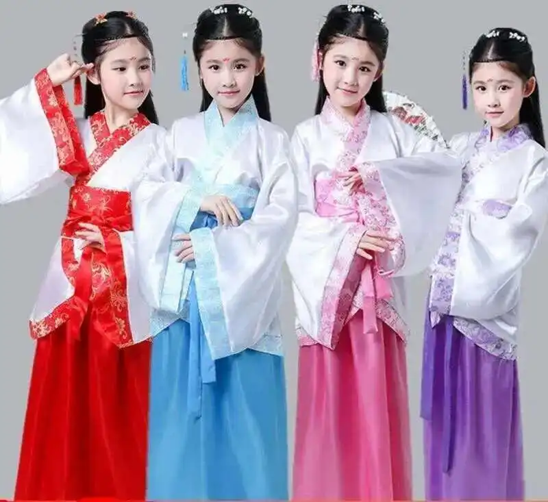 

Chinese silk robe Costume Girls Children Kimono China Traditional Vintage Ethnic Fan Students Chorus Dance Costume Hanfu