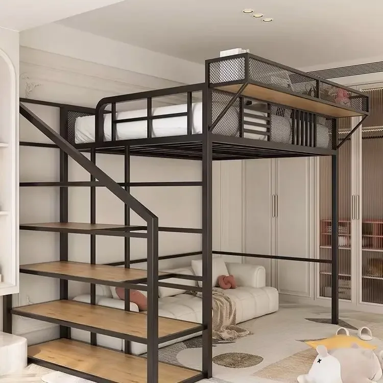 #Wrought Iron Elevated Bed Sheet Upper Floor Duplex Space Lower Table Iron Frame Bed Second Floor Small Apartment Loft