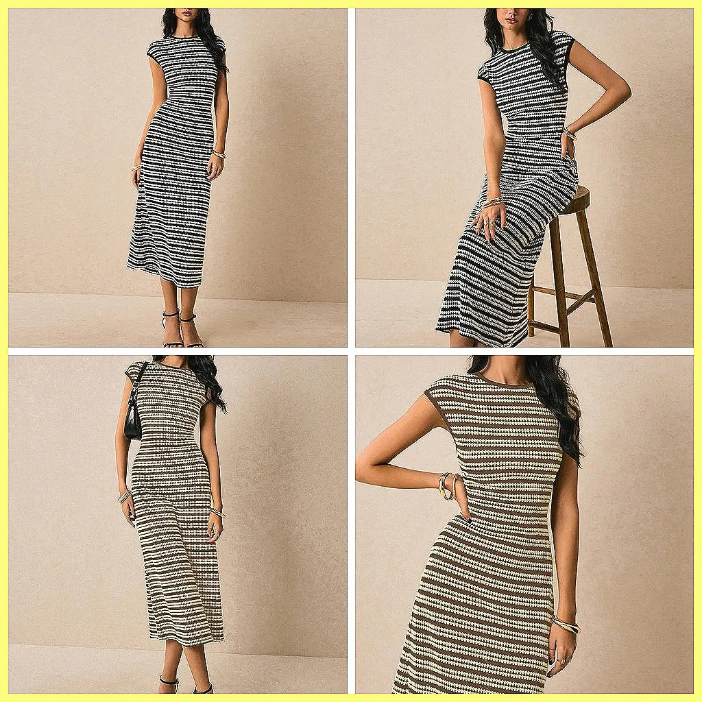 

Sexy Black Striped Knit Bodycon Dress for Women, 2025 Autumn High Waist Long Sleeve Evening & Casual Dress