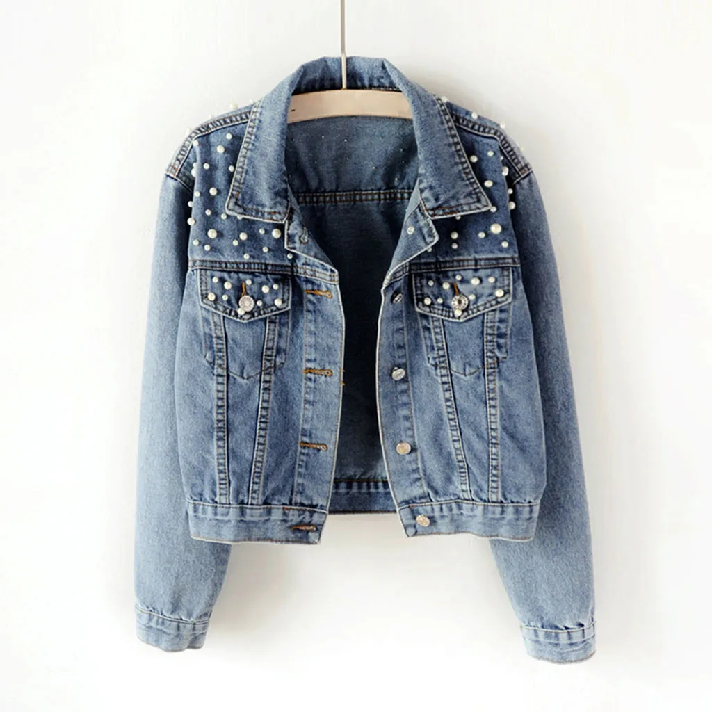 PLUS ขนาดลูกปัด DENIM แจ็คเก็ตผู้หญิงฤดูใบไม้ผลิฤดูใบไม้ร่วงใหม่ Outerwear สีฟ้ากางเกงยีนส์แจ็คเก็ตผู้หญิง Y2k ไข่มุกแขนยาว Overalls