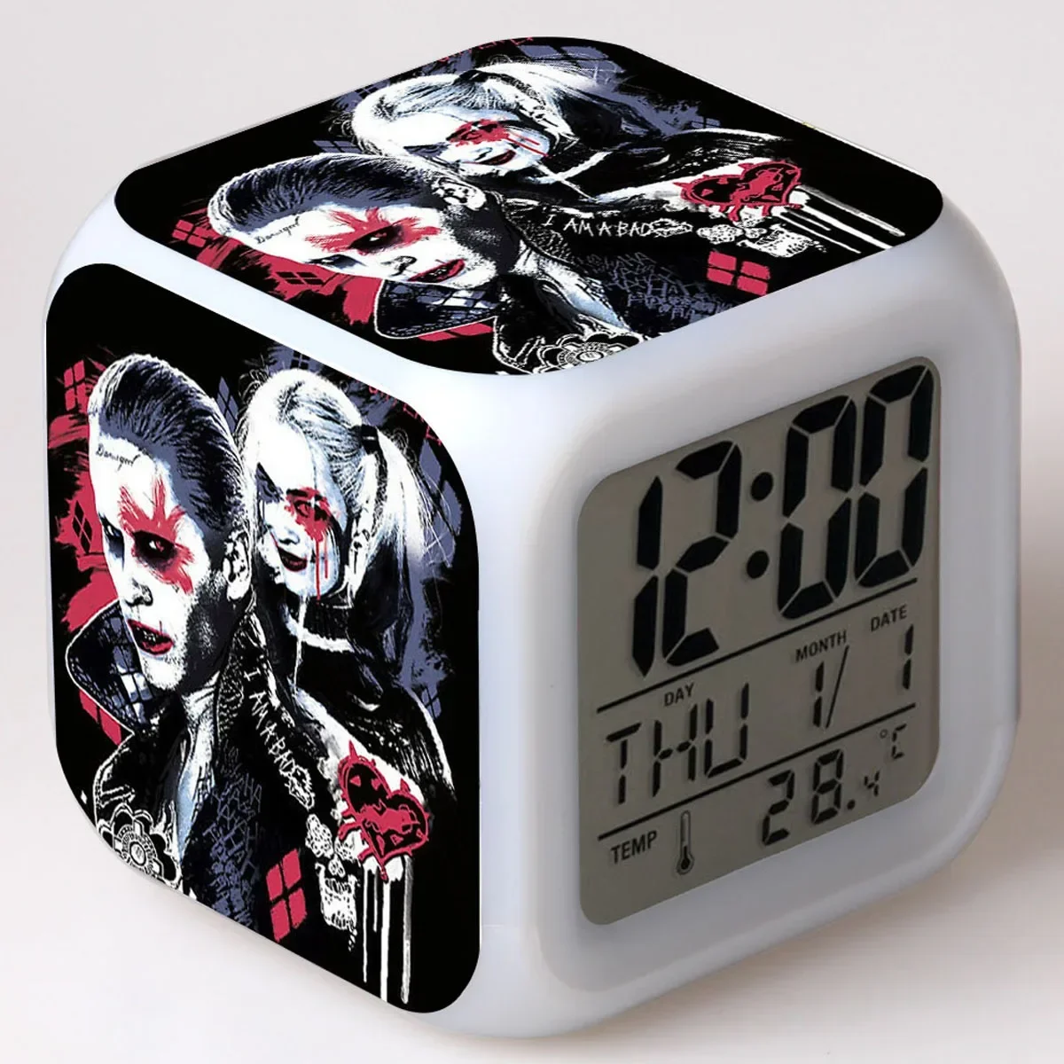 DC Anime Figure Harley Quinn Colorful Color Change Children Students Wake Up Alarm Clock Sticker Toy Birthday Gifts