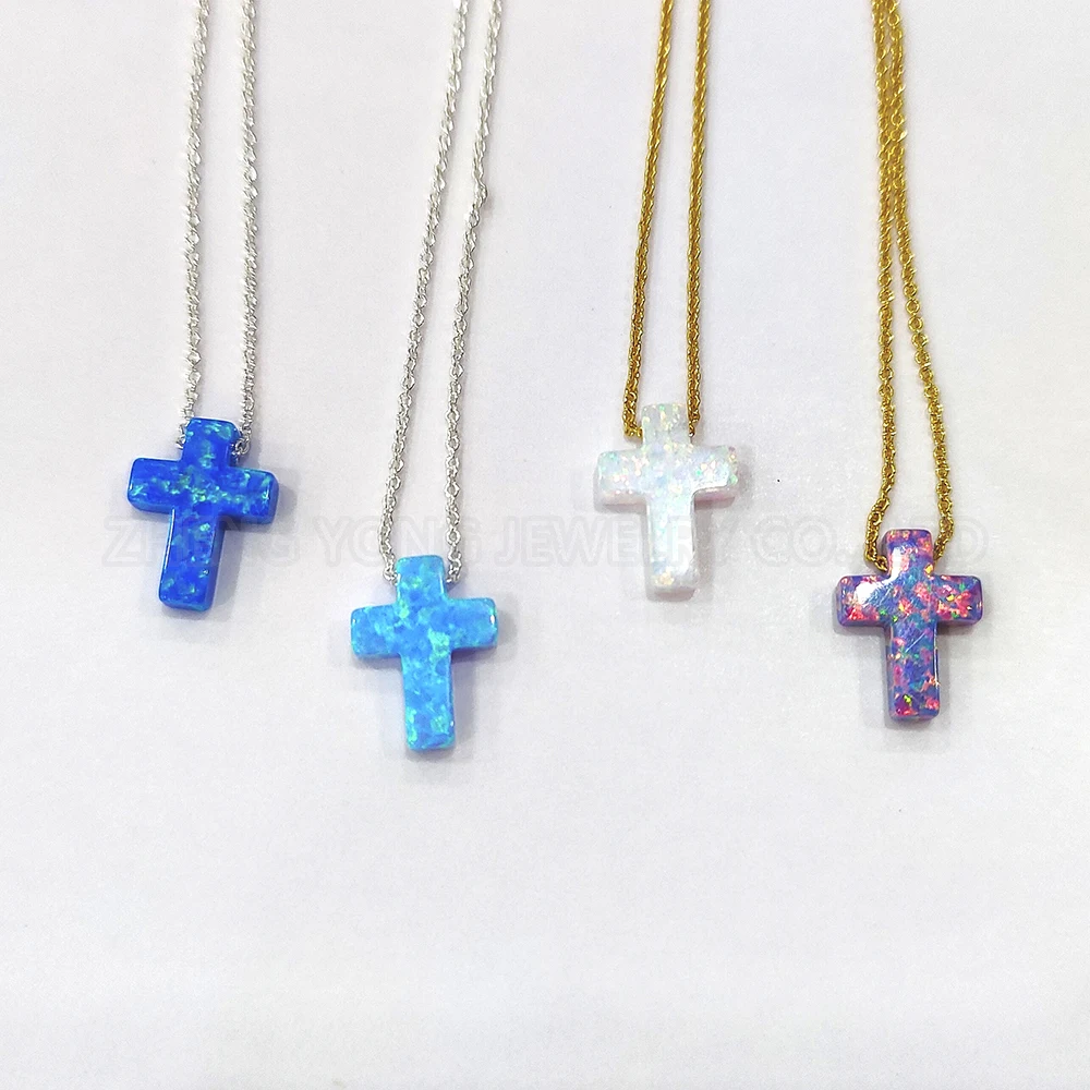 

Cross Necklaces Woman Brass Plated Silver Gold 9x12mm Opal Jewelry Cross Pendant Chain