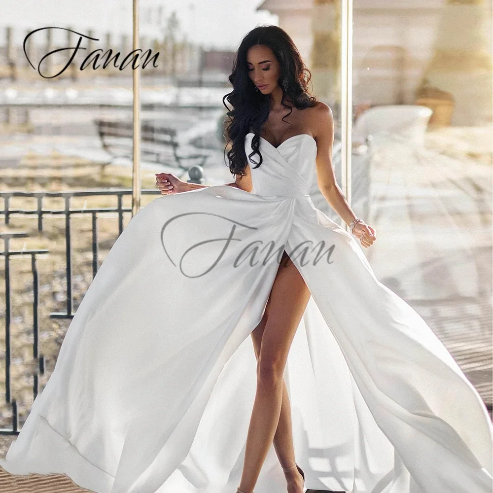 Robe de Mariée Trapèze Simple en Satin, Sans Bretelles, Fente Haute, Dos aux, avec Traîne, pour Patients