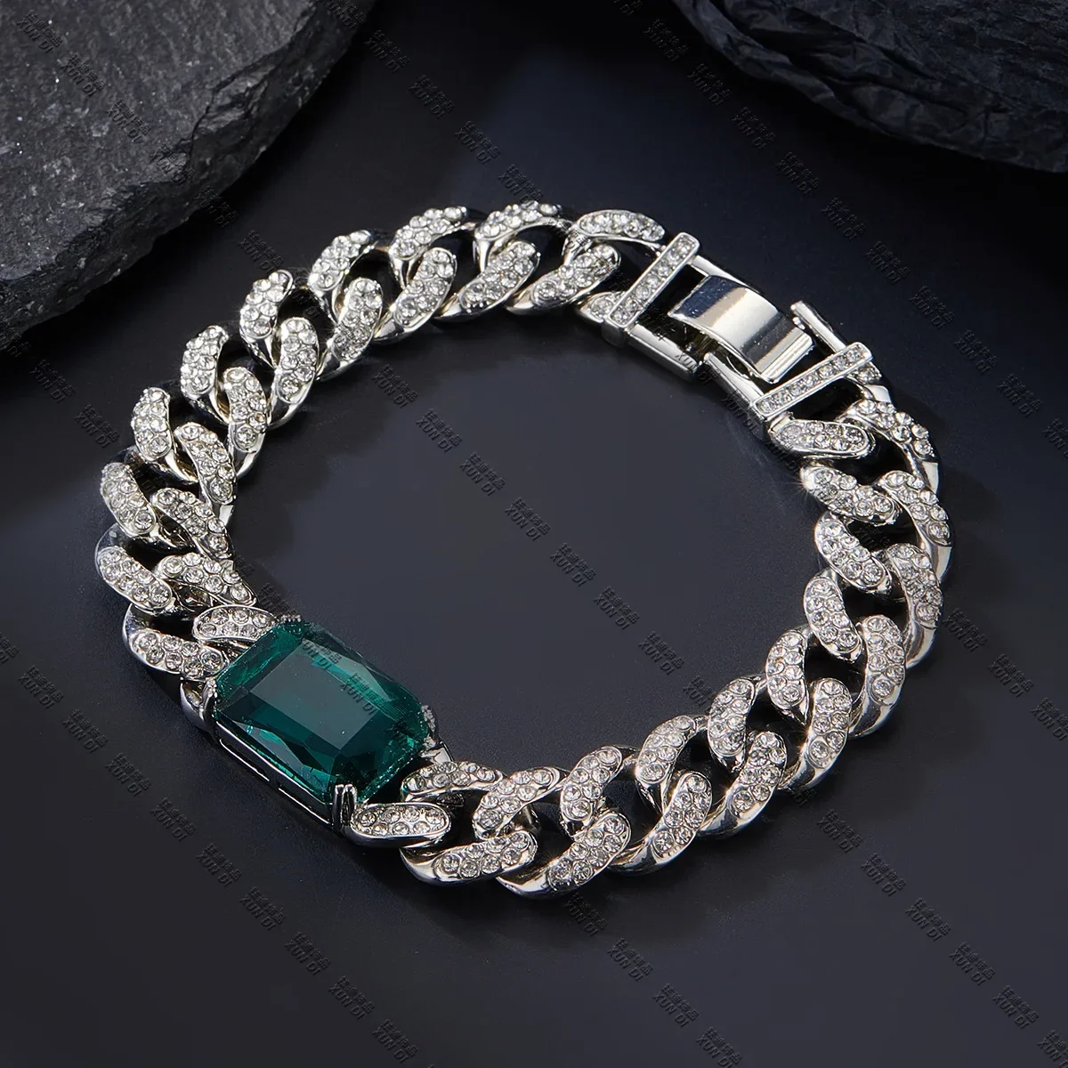 13mm Dog Cat Chain Big Green Rectangle Diamond Miami Cuban Link Walking Metal Collar Jewelry Accessories For Medium Big Pets