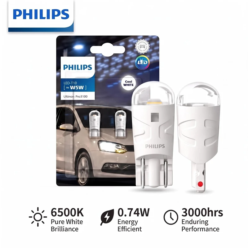 Image of Philips Ultinon Pro3100 LED T10 W5W 6500K Kaltweiß Neuer Stil Auto-Innen-/Parklicht Blinker Lampen 11961CU31B2, Paar