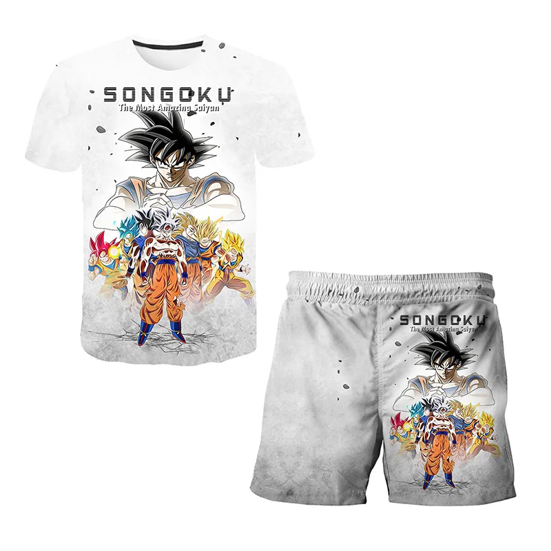 Japanese anime Dragon Ball children\'s T-shirt shorts two-piece set, super Mario 3D printed cartoon children\'s boy and girl set