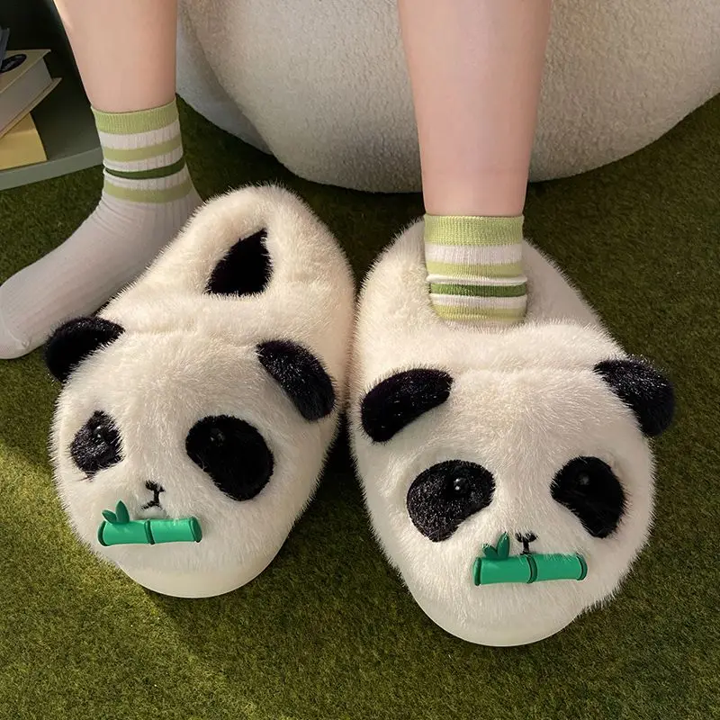 Kawaii giant panda slippers women's winter warm fur loafers ladies fluffy animal slides shoes woman home room slippers fur mules