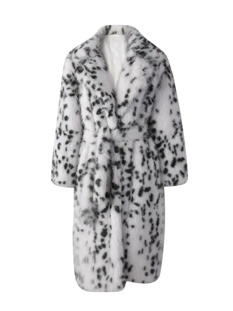 Fashion Eco-Friendly Long Leopard Print Fur Coat Women's Lapel Loose Thick Plush Overcoat Winte UCPF view 3
